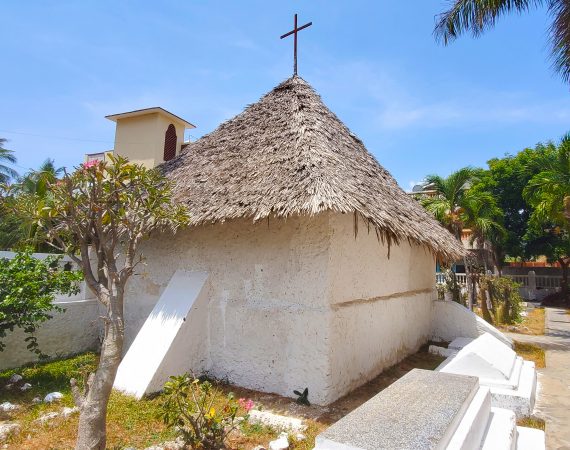 Shows a side view of the Portuguese Chapel which is a popular tourist attraction in Malindi Kenya